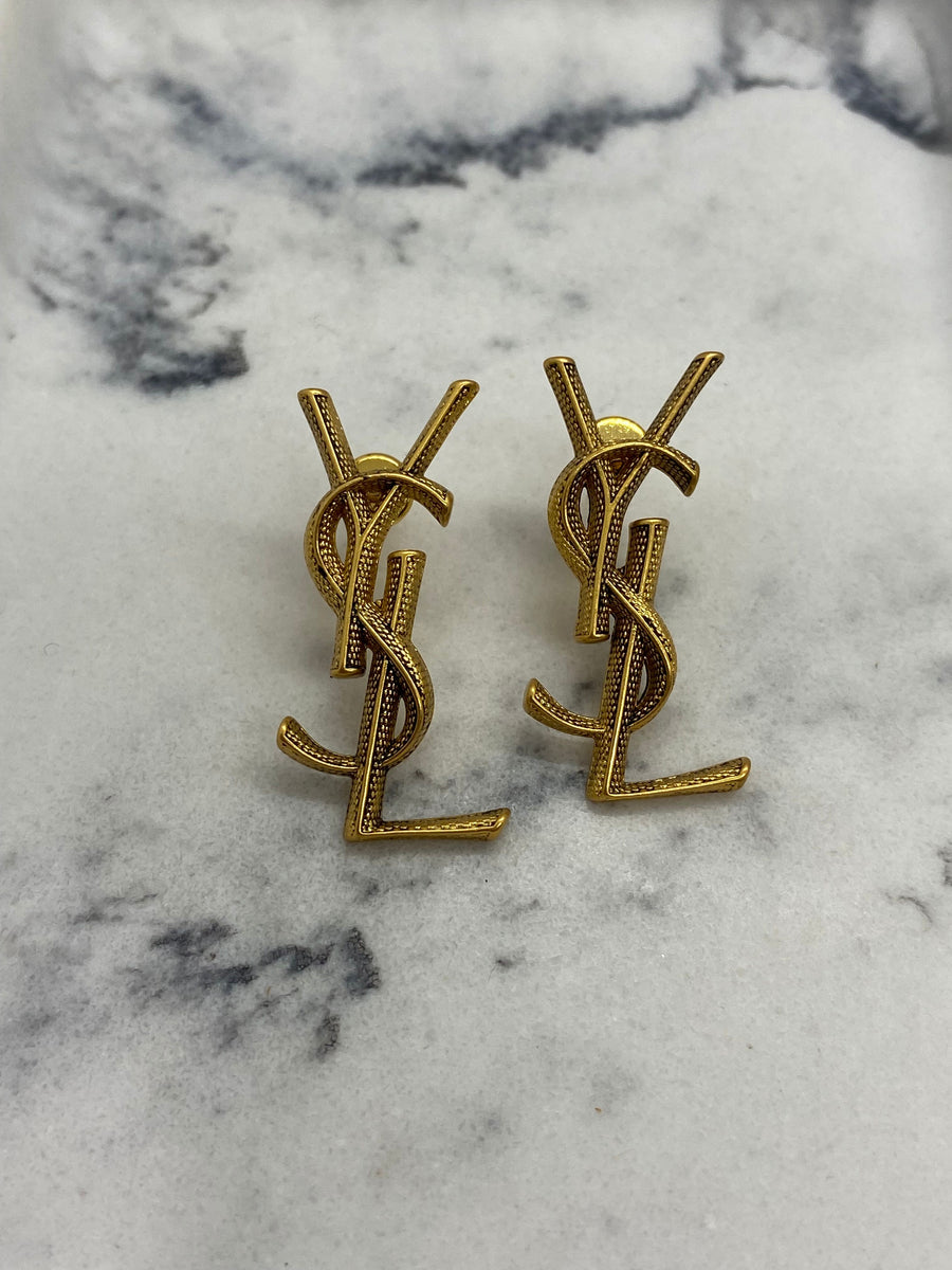YSL Yves Saint Laurent Brass Tone Monogram Earrings - Pre owned