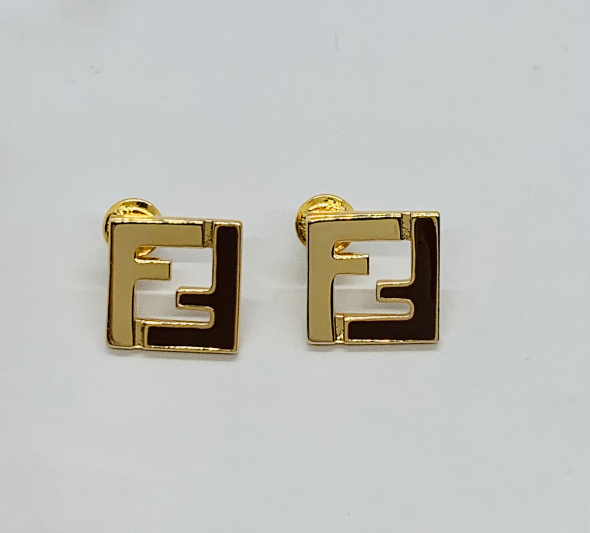 FENDI FF Gold Tone Monogram Earrings - Pre owned