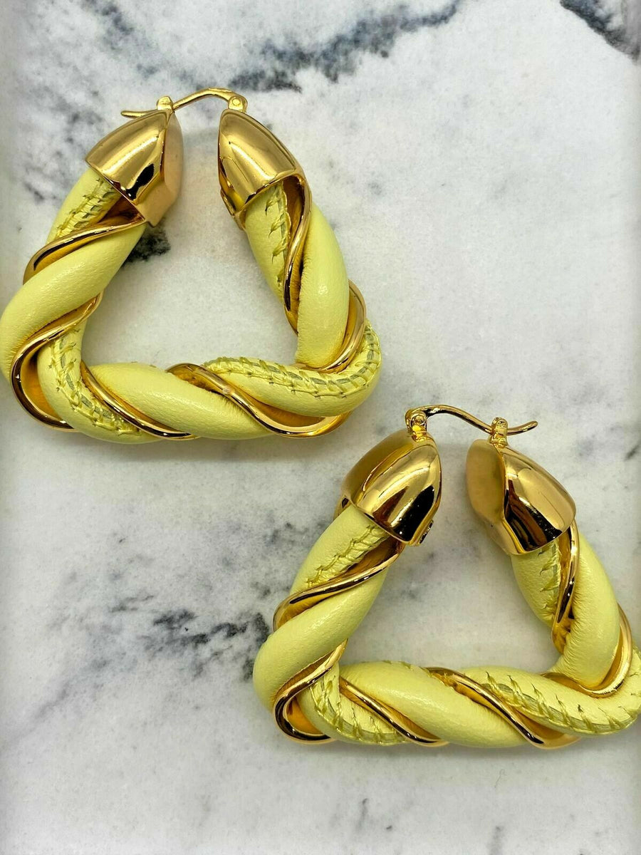 BOTTEGA VENETA Gold & Yellow Leather Hoop Earrings - Pre owned