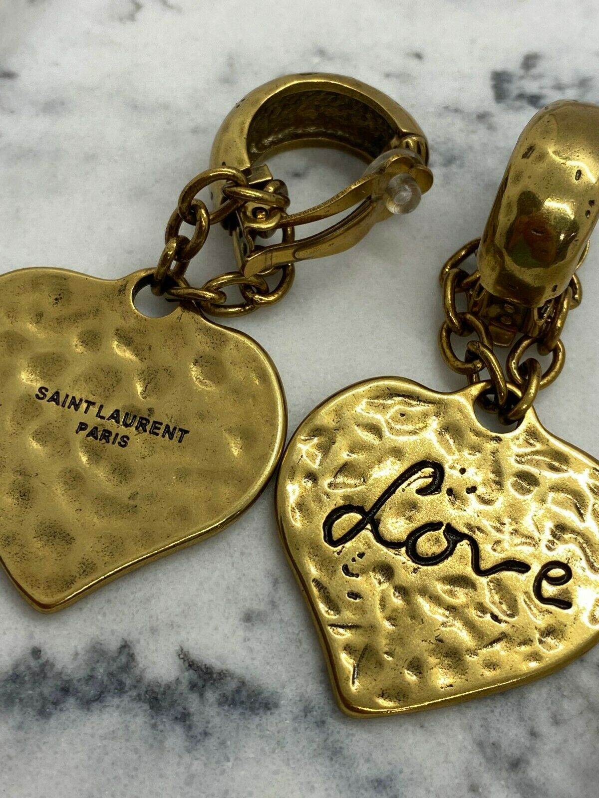YSL Yves Saint Laurent Gold Tone LOVE Pendant Earrings - Pre owned