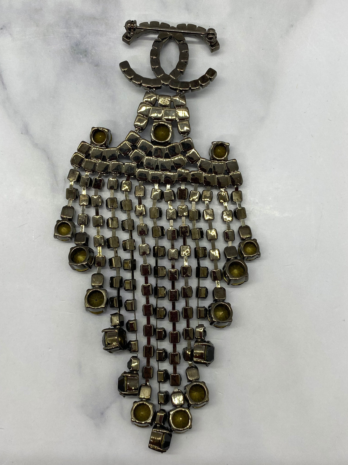 CHANEL CC Large Black Rhinestone Brooch Pin - USED