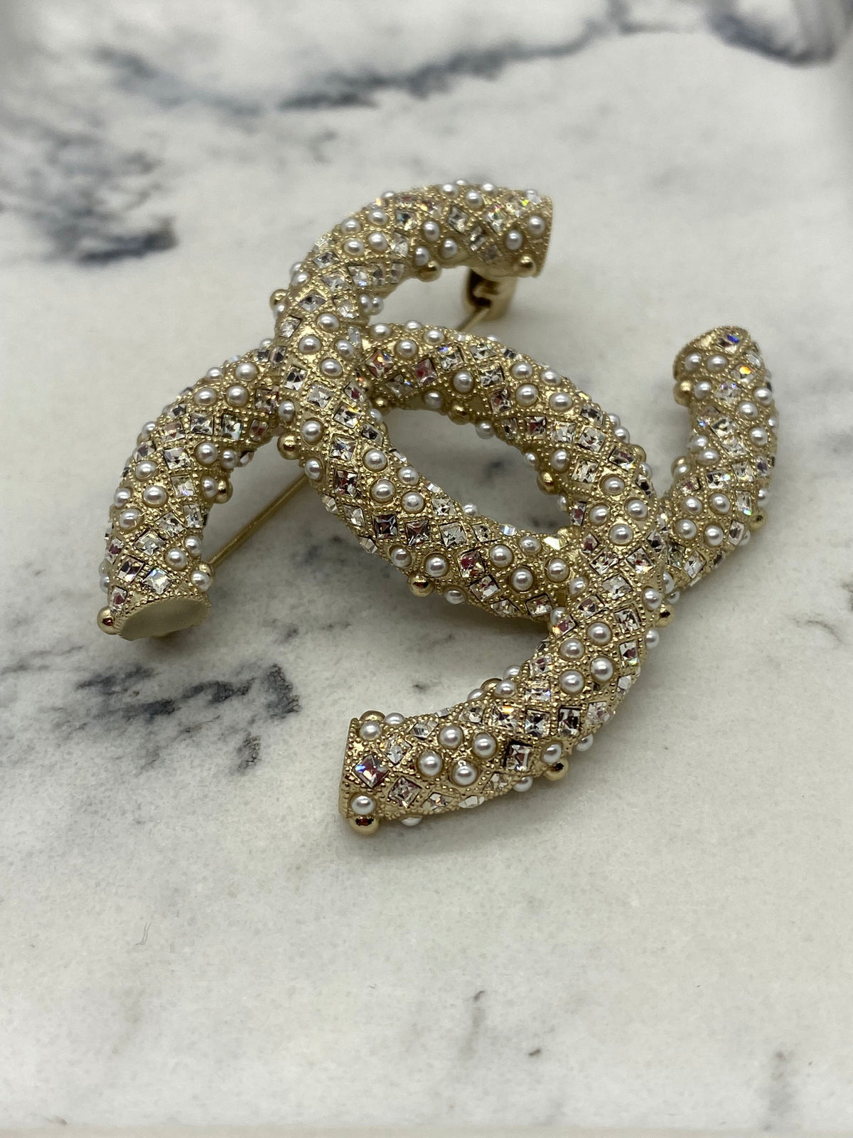 CHANEL CC Gold Tone Rhinestone Brooch Pin - USED