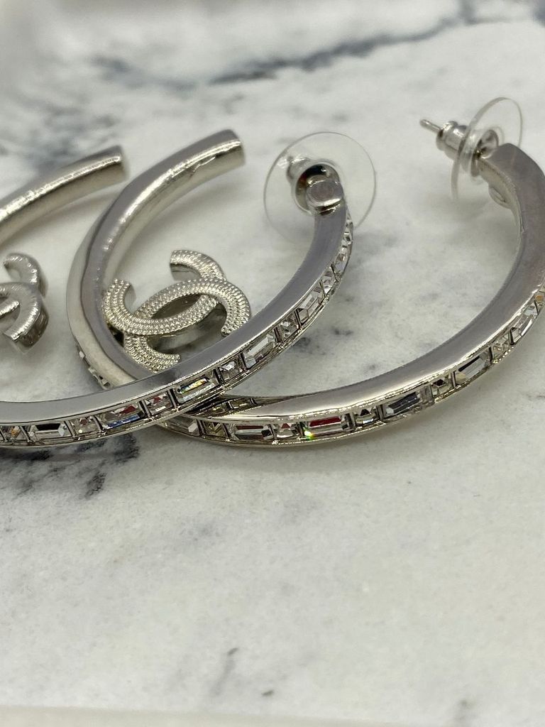 CHANEL CC Silver Tone Rhinestone Hoop Earrings - Pre owned