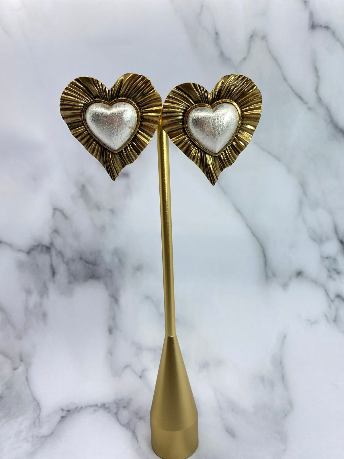 YSL YVES SAINT LAURENT Brass & Silver Heart Earrings - Pre owned