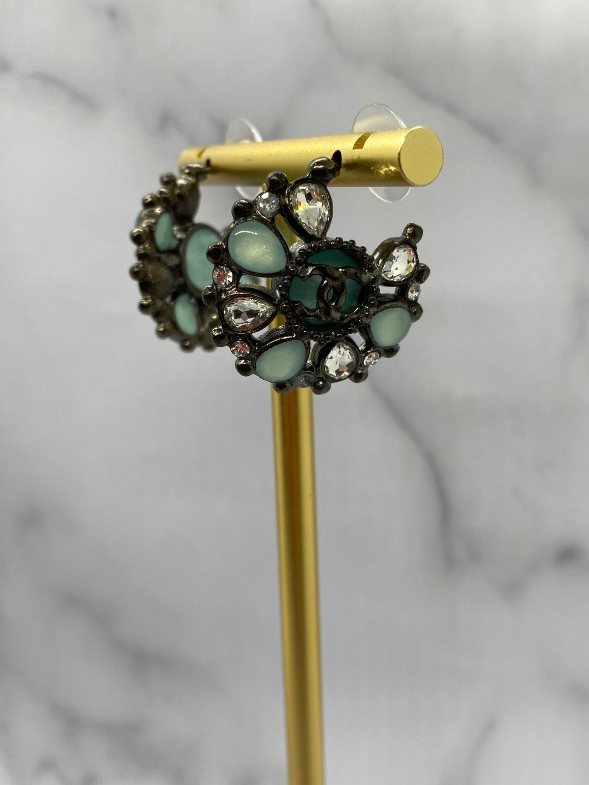 CHANEL CC Aqua Stone Hoop Earrings - USED