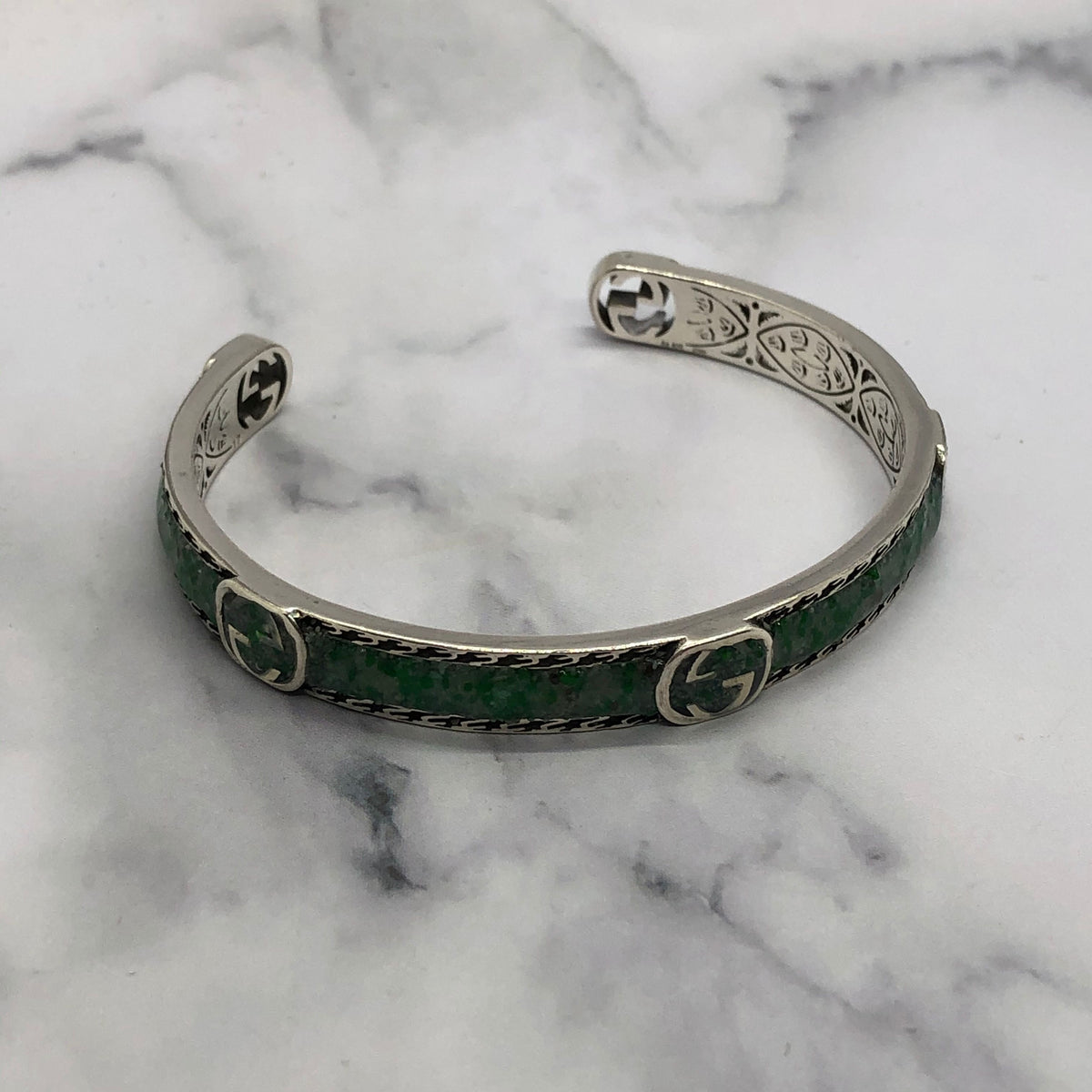 GUCCI GG Green Stripe Silver Cuff Bracelet - Pre owned