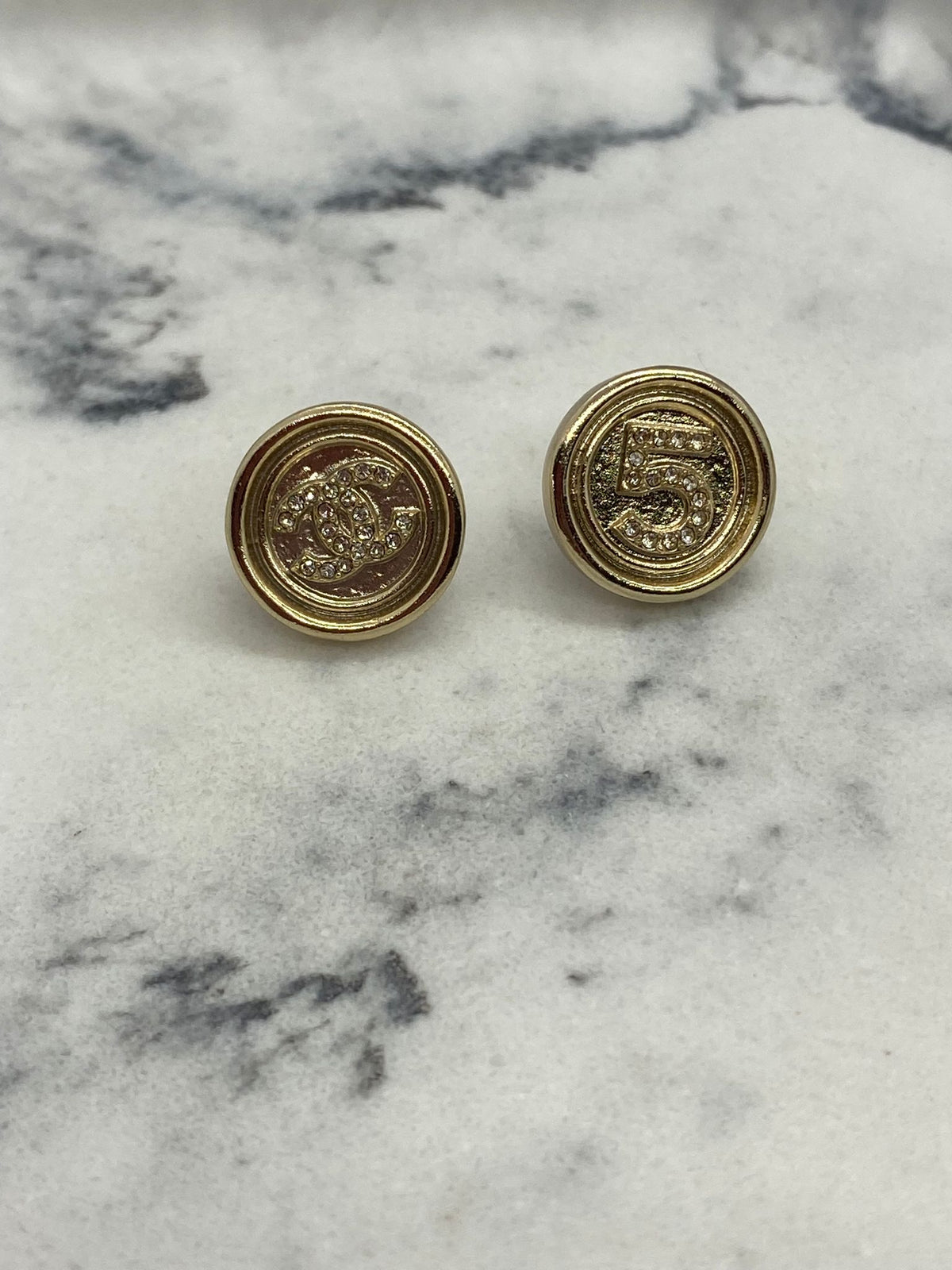 CHANEL CC 5 Gold Tone Rhinestone Button Earrings - USED