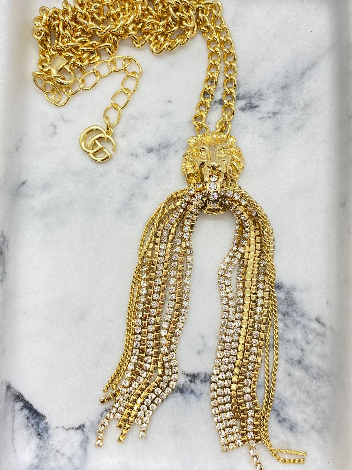 GUCCI Gold Crystal Lion Fringe Necklace - Pre owned