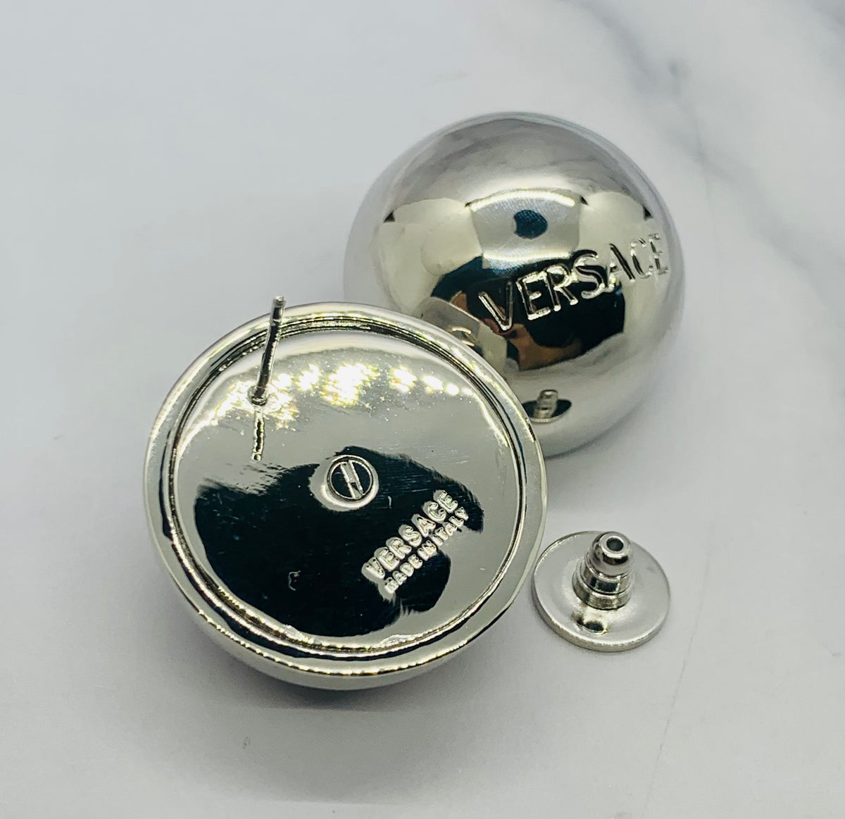 VERSACE Silver Tone Button Earrings - USED