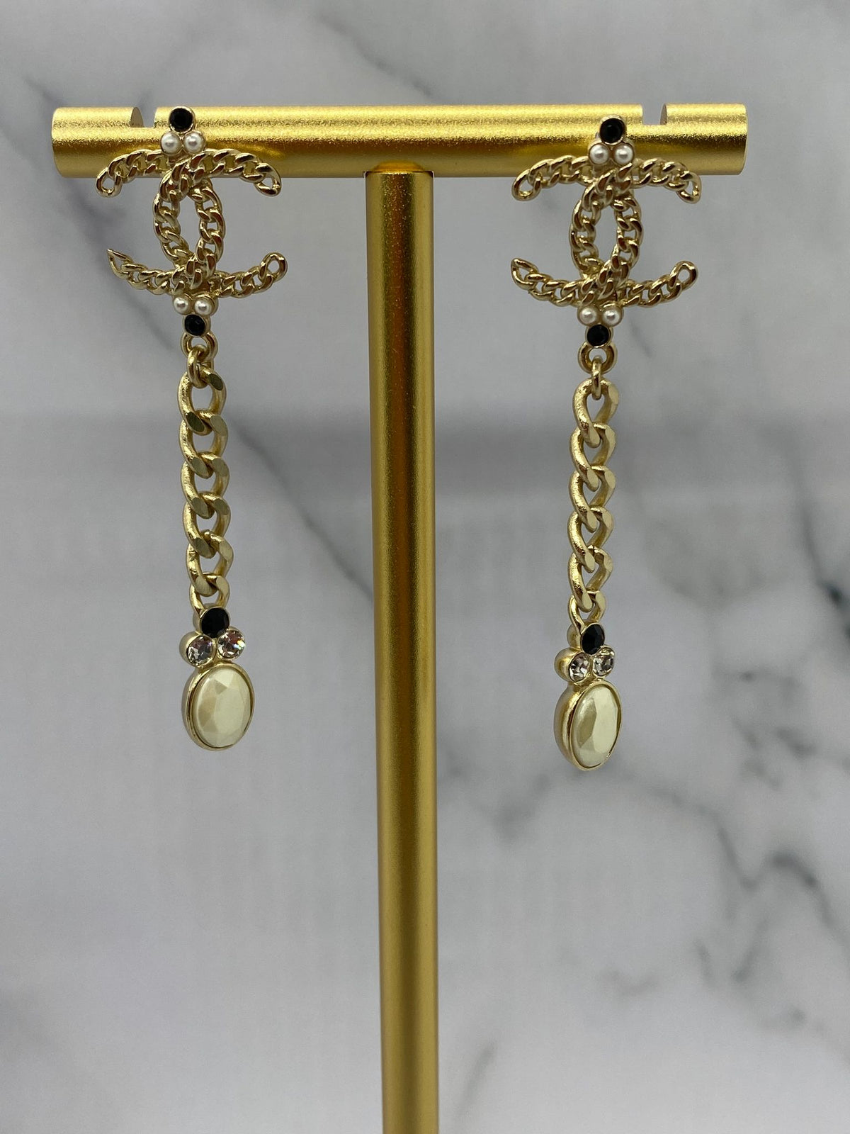 CHANEL CC Gold Tone Pearl Pendant Earrings - Pre owned