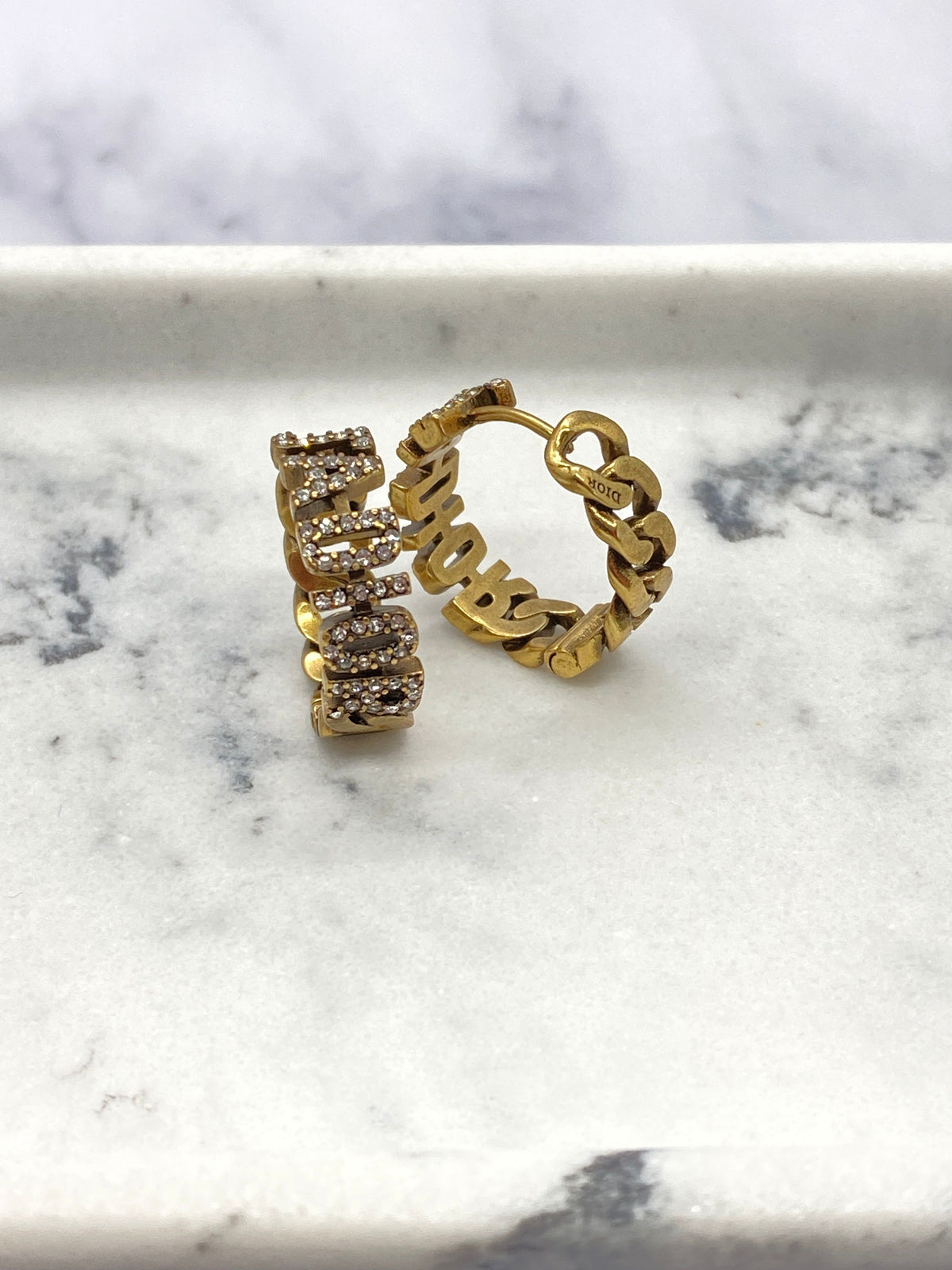 CHRISTIAN DIOR J'Adior Brass Rhinestone Hoop Earrings - Pre owned