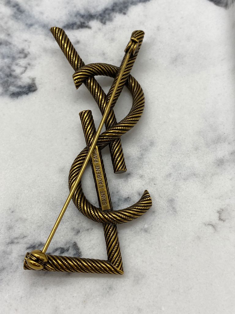 YSL Saint Laurent Brass Tone Monogram Brooch Pin - Pre owned