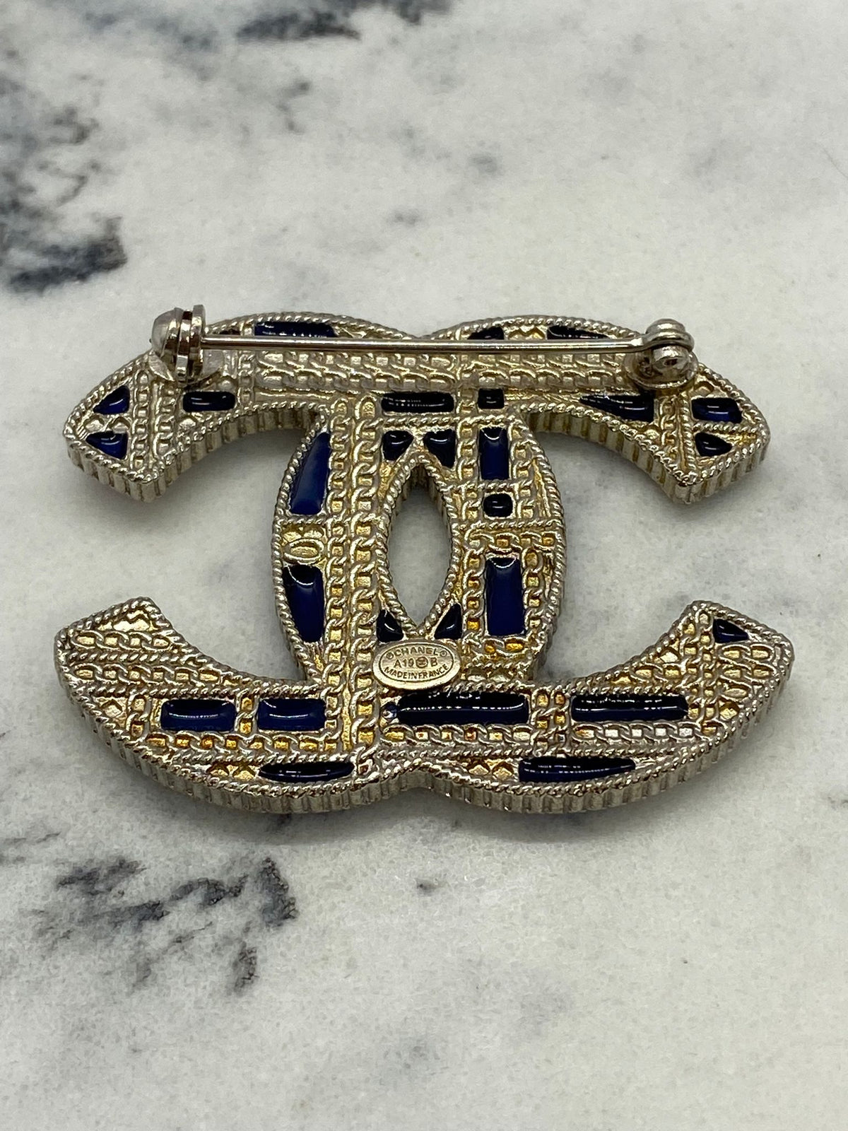 CHANEL CC Silver Tone Blue Rhinestone Brooch Pin - USED