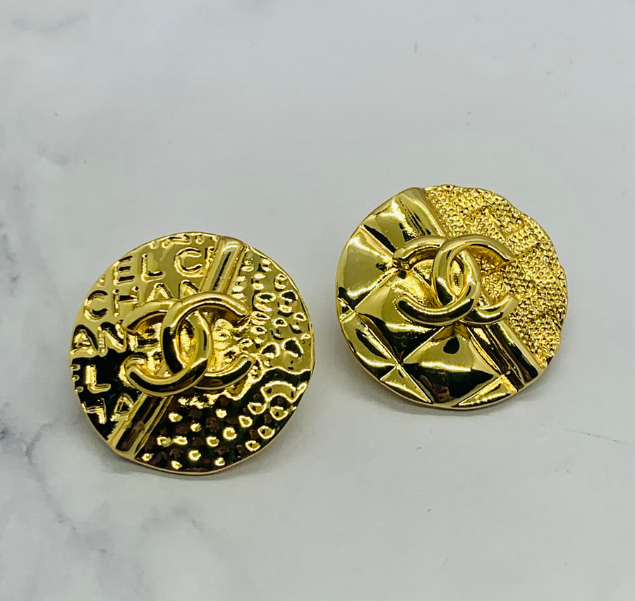 CHANEL CC Gold Tone Button Earrings - USED