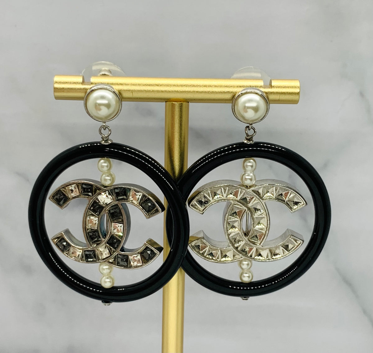 CHANEL CC Rhinestone Spinning Hoop Earrings - USED