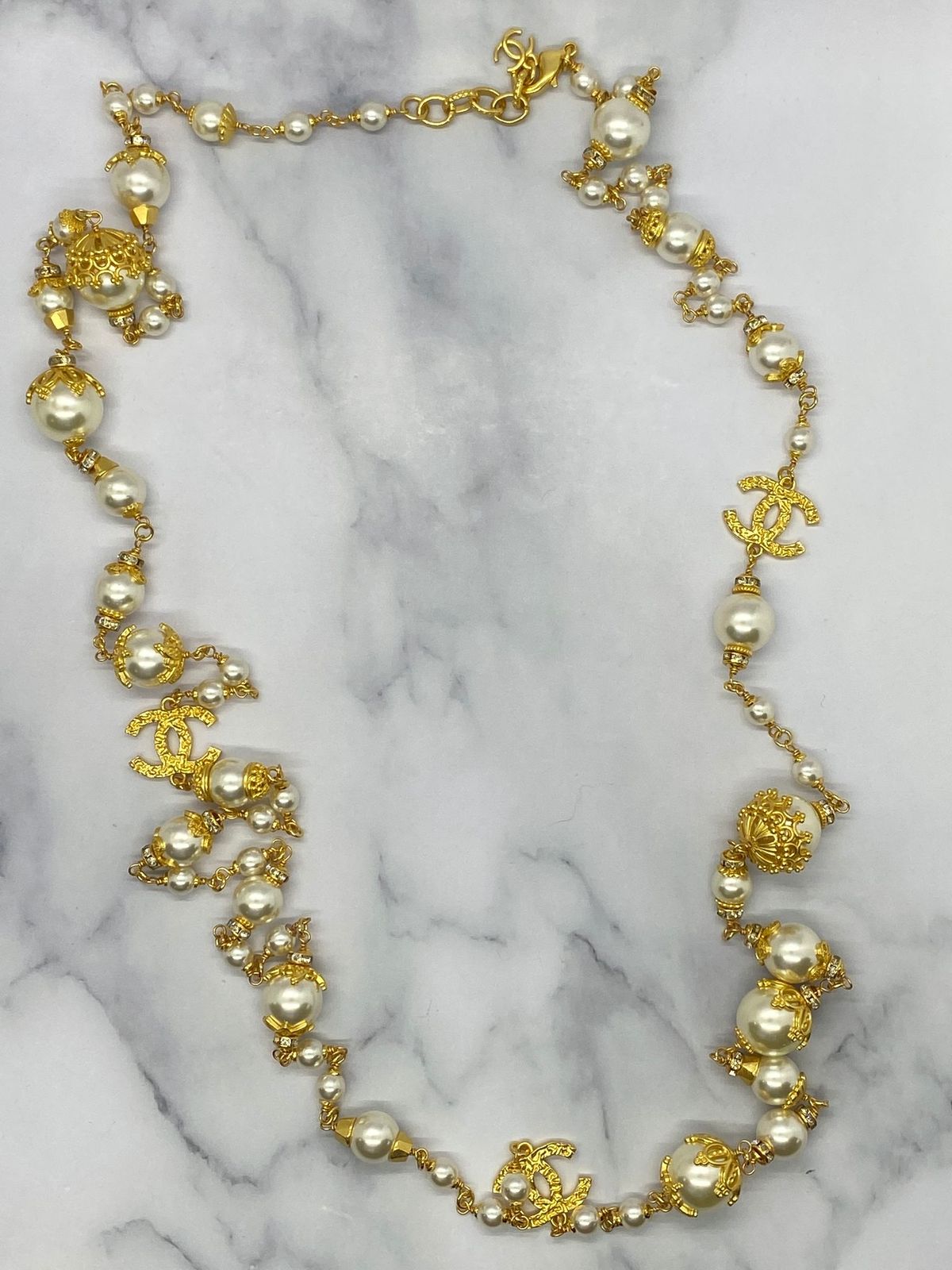 CHANEL CC Gold Tone Long Pearl Wrap Necklace - USED