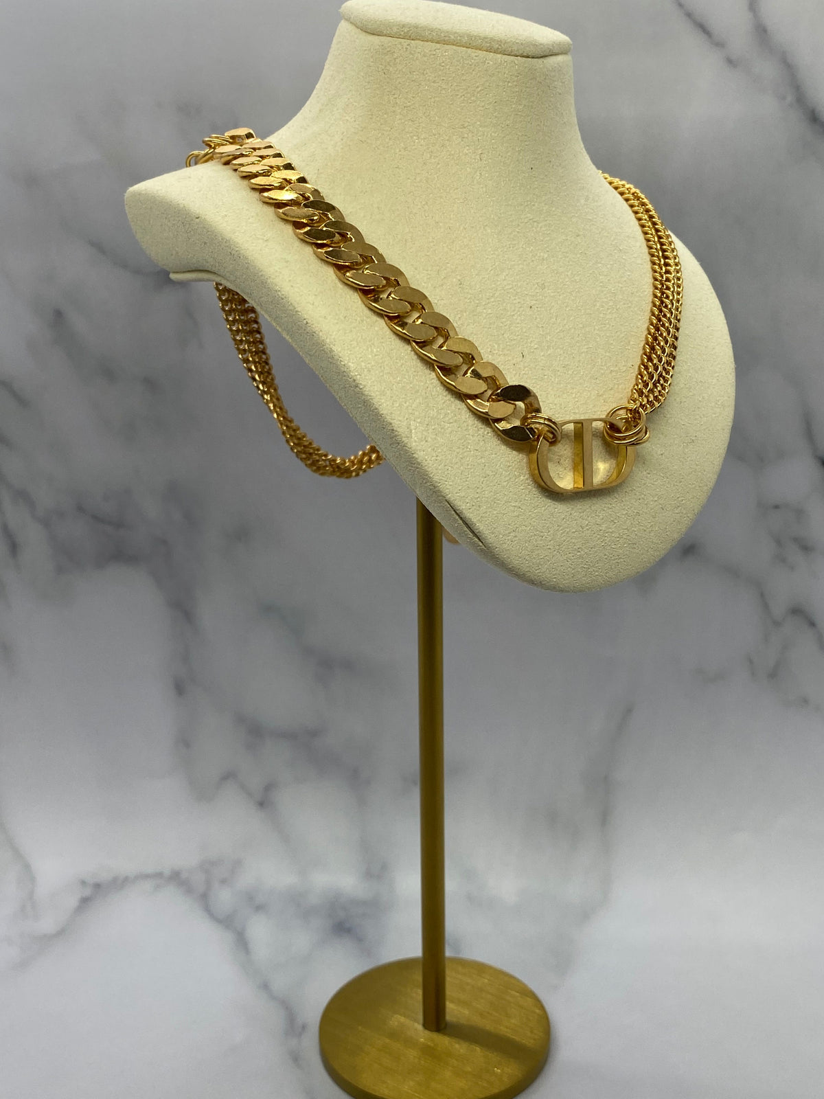 CHRISTIAN DIOR CD Brass Tone Multichain Necklace - Pre owned