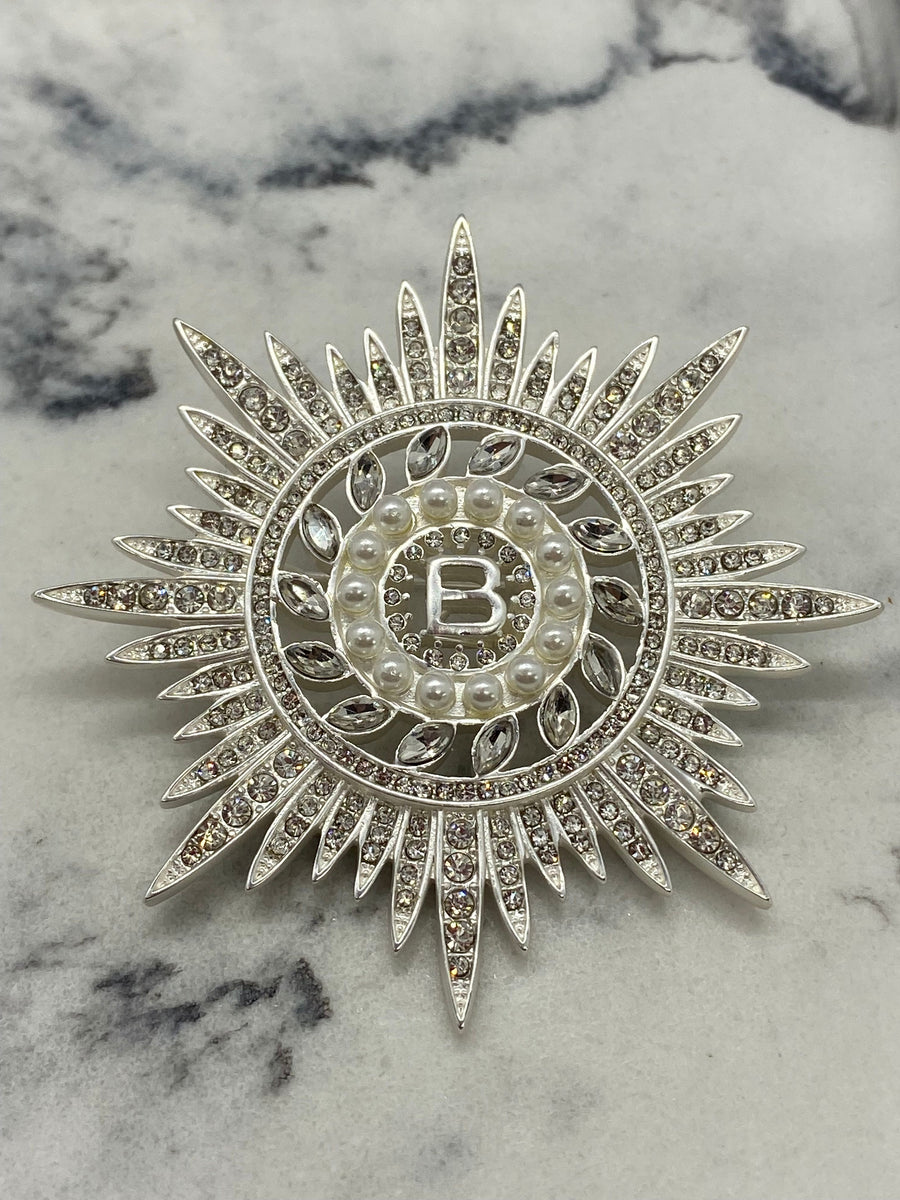 BALENCIAGA Silver Tone Rhinestone Brooch Pin - Pre owned