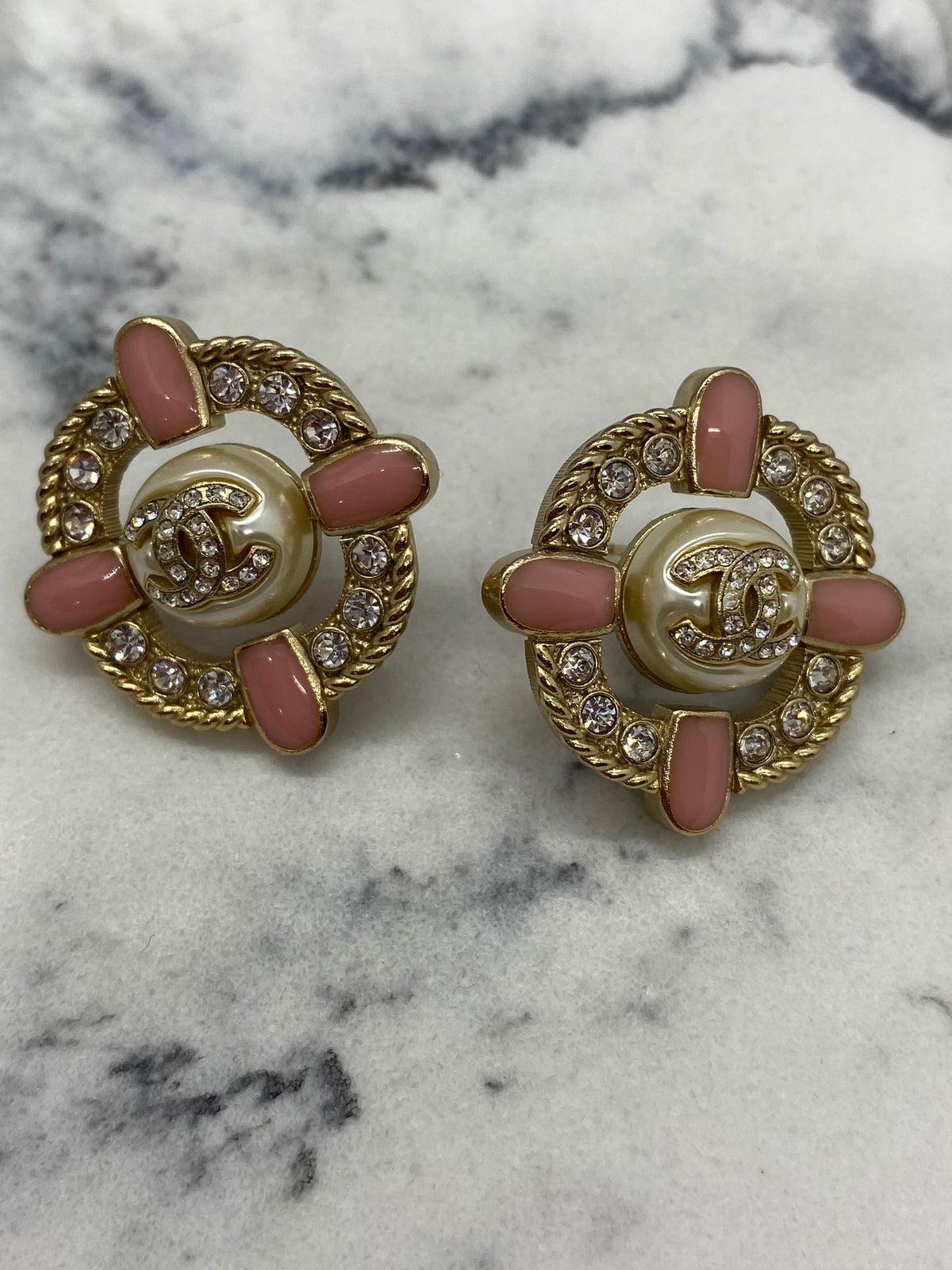 CHANEL CC Gold Tone Rhinestone Earrings - Pre owned