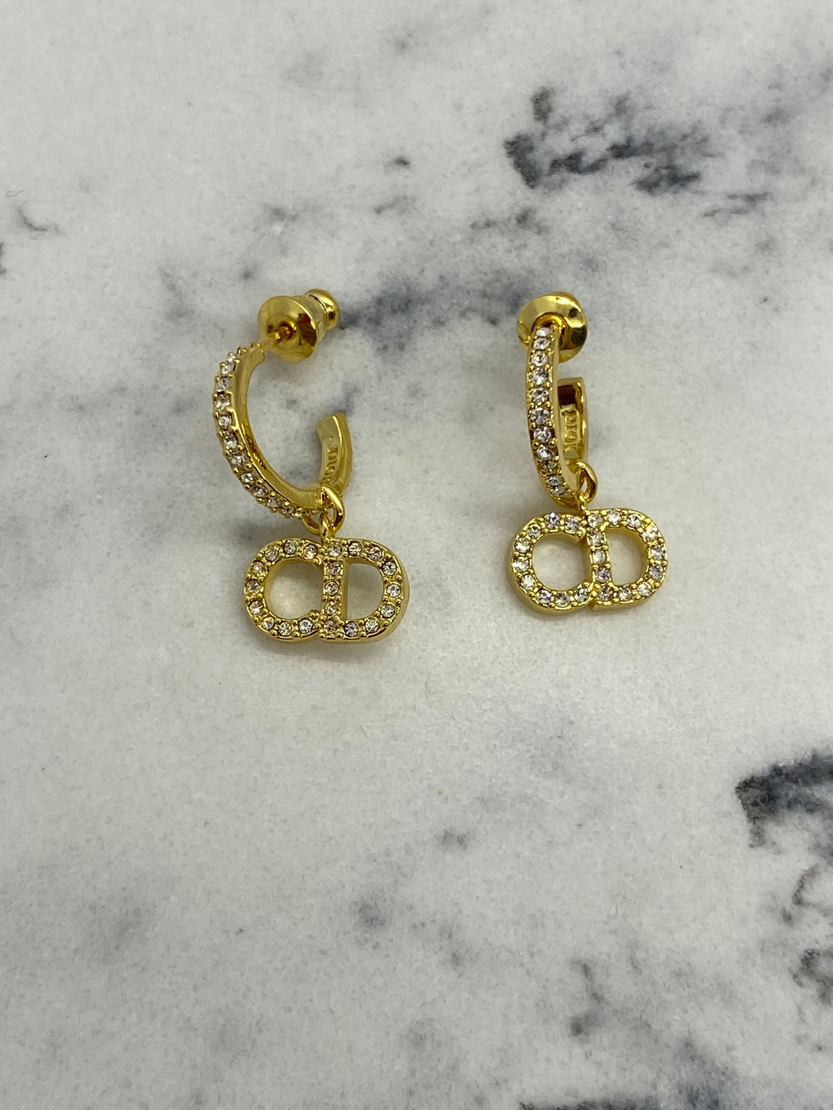 CHRISTIAN DIOR CD Gold Tone Rhinestone Earrings - Pre owned