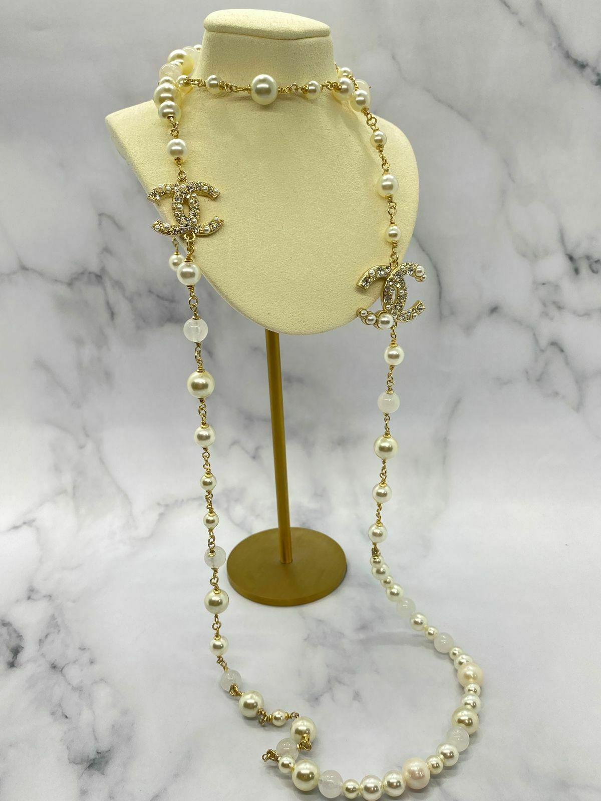 CHANEL CC Pearl Trim Rhinestone Wrap Necklace - USED