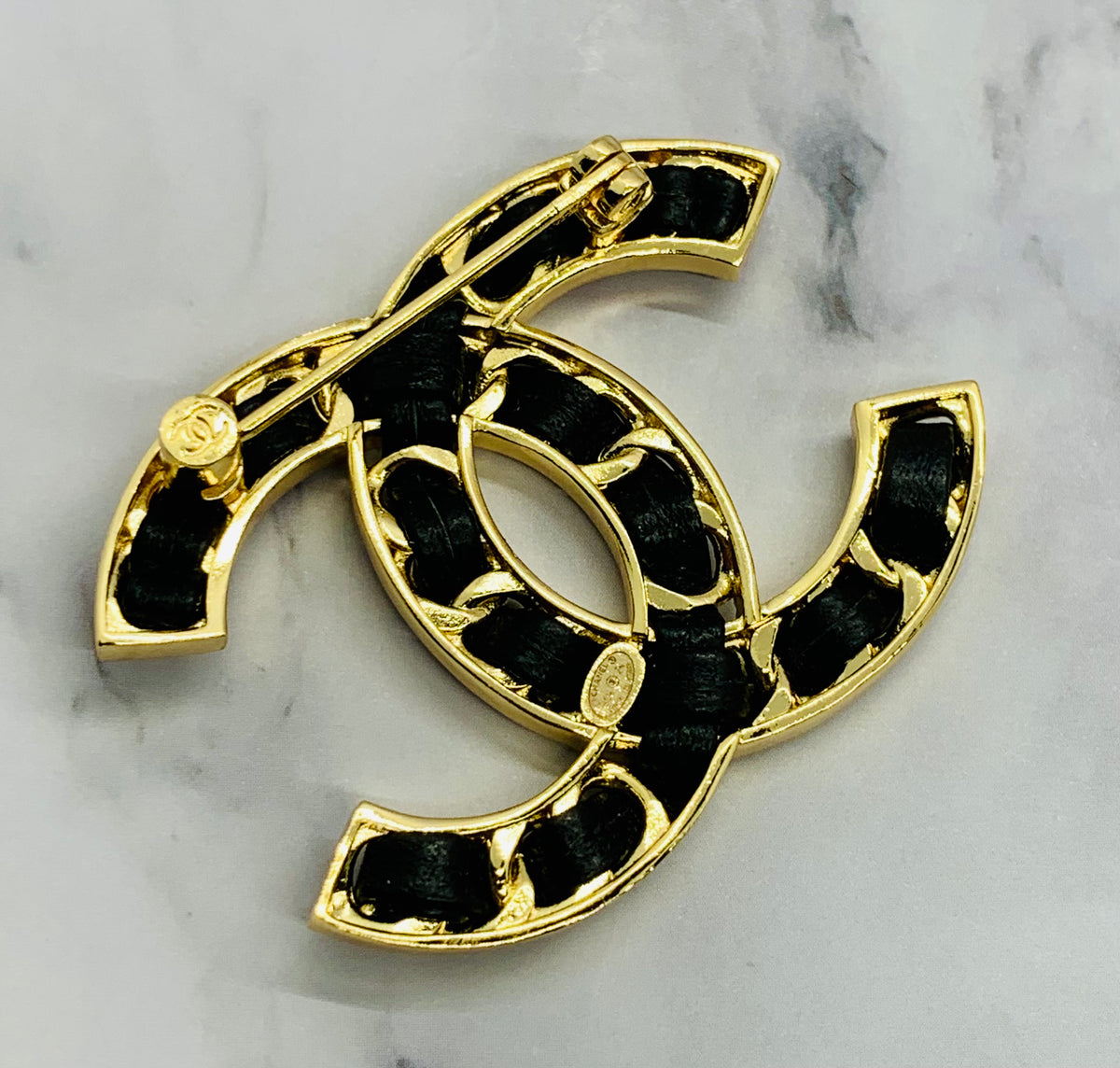 CHANEL CC Leather Trim Brooch Pin - USED
