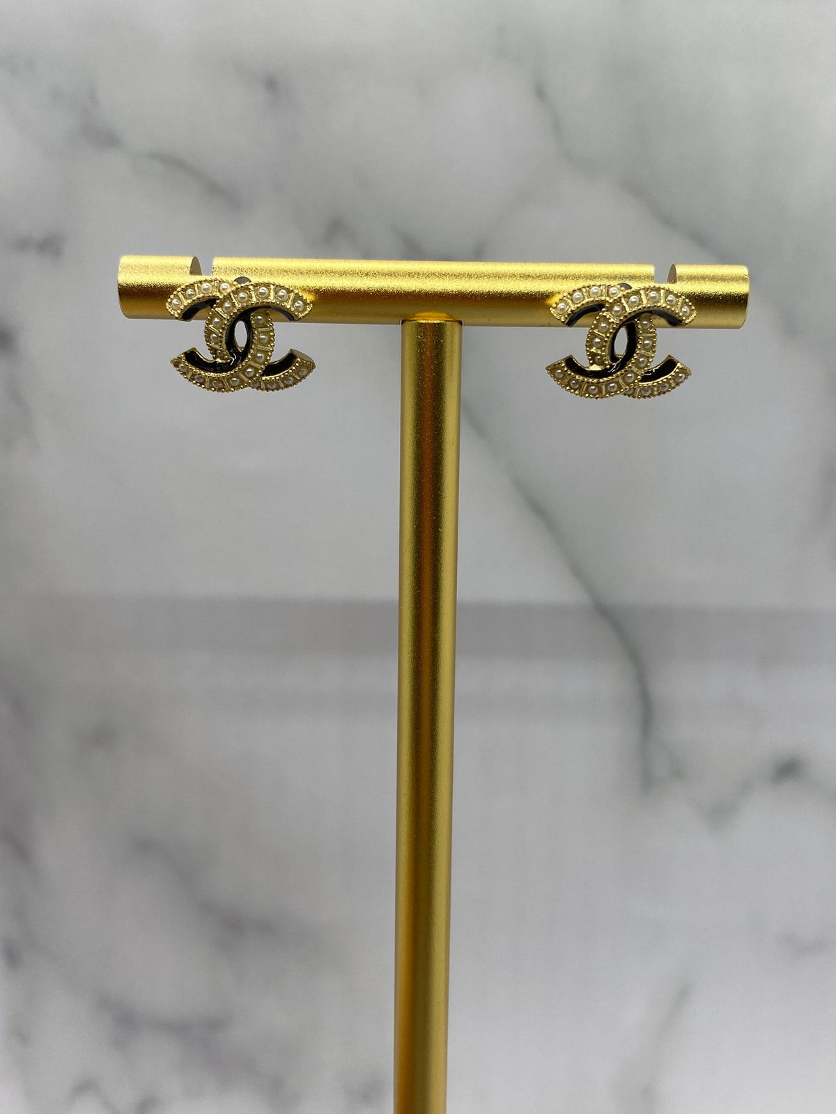 CHANEL CC Gold Tone Pearl Small Earrings - USED