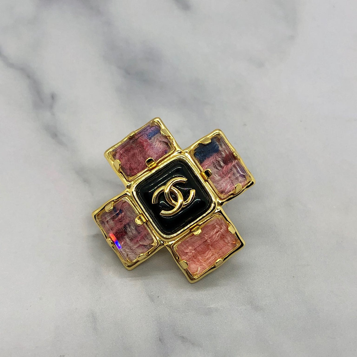 CHANEL CC Pink Cross Brooch Pin - USED