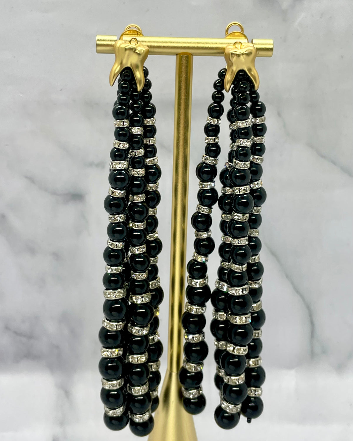 SCHIAPARELLI Black Beaded Pendant Tooth Earrings - Pre owned