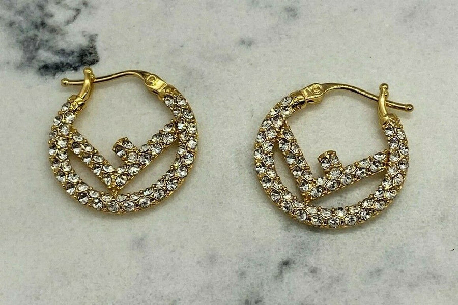 FENDI F Gold Tone Rhinestone Hoop Earrings - Pre owned