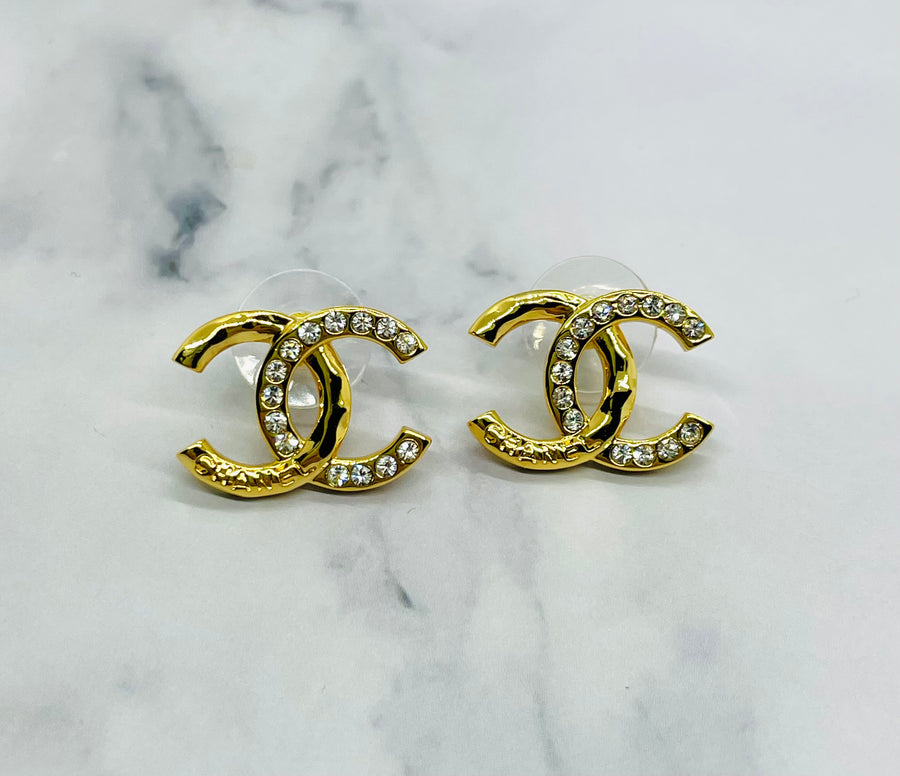 CHANEL CC Gold Tone Rhinestone Earrings - Pre owned