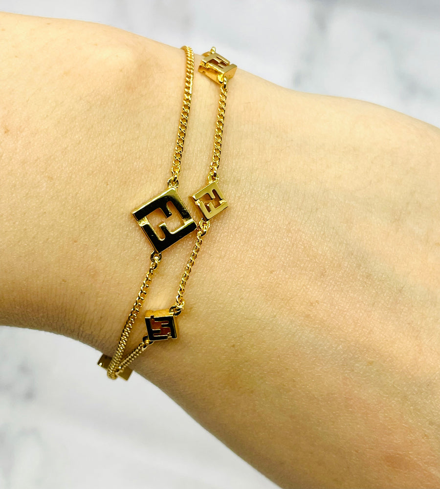 FENDI F Gold Tone Double Chain Charm Bracelet - Pre owned