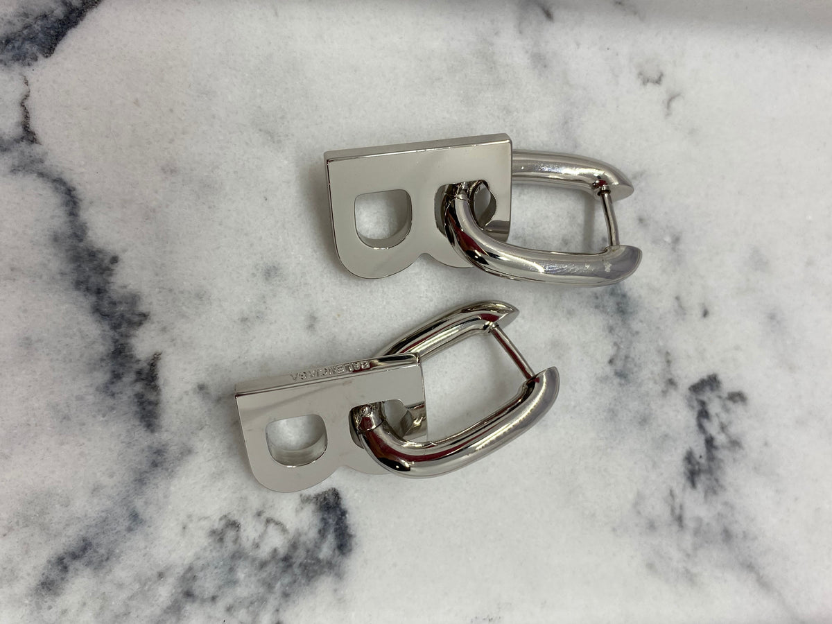 BALENCIAGA Silver Tone B Hoop Earrings - Pre owned