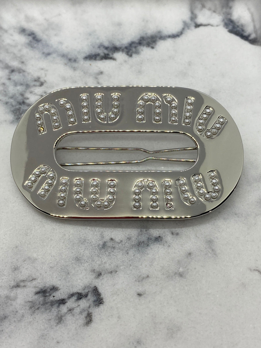 MIU MIU Silver Tone Pearl Trim Hair Clip Barrette - Pre owned