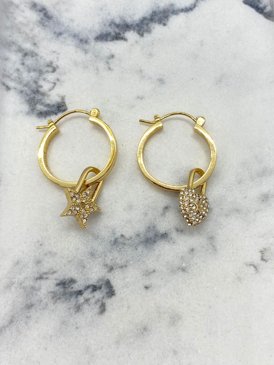 CHRISTIAN DIOR Gold Tone Charm Hoop Earrings - USED