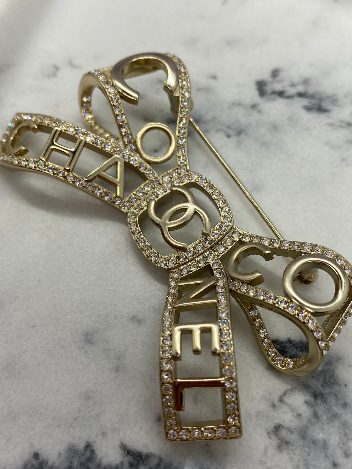CHANEL CC Rhinestone Trim Bow Brooch Pin - USED