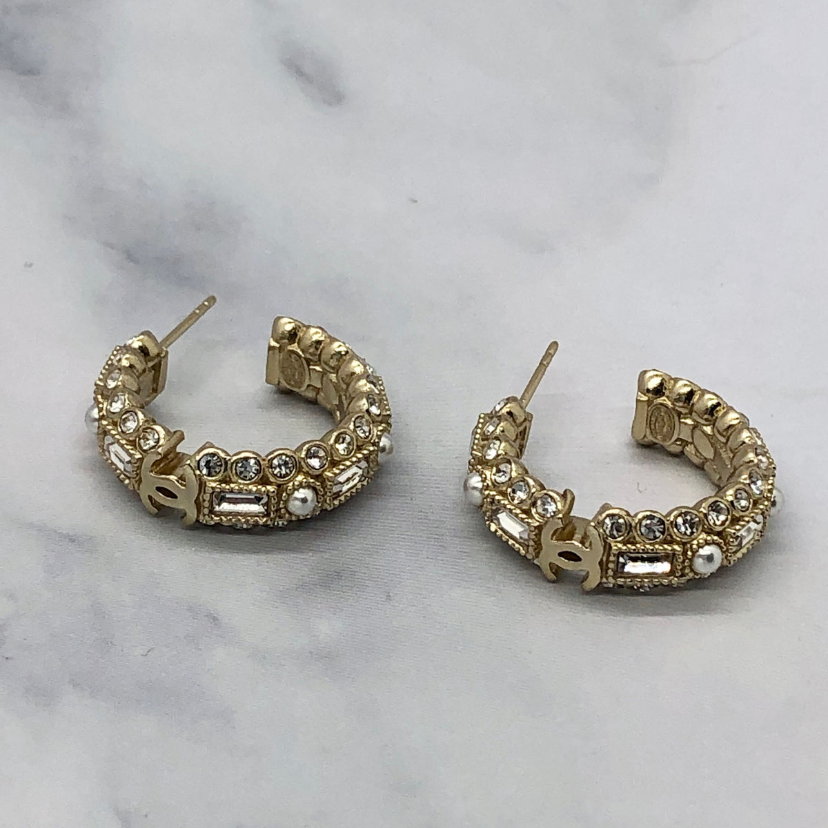 CHANEL CC Gold Tone Rhinestone Hoop Earrings - Pre owned