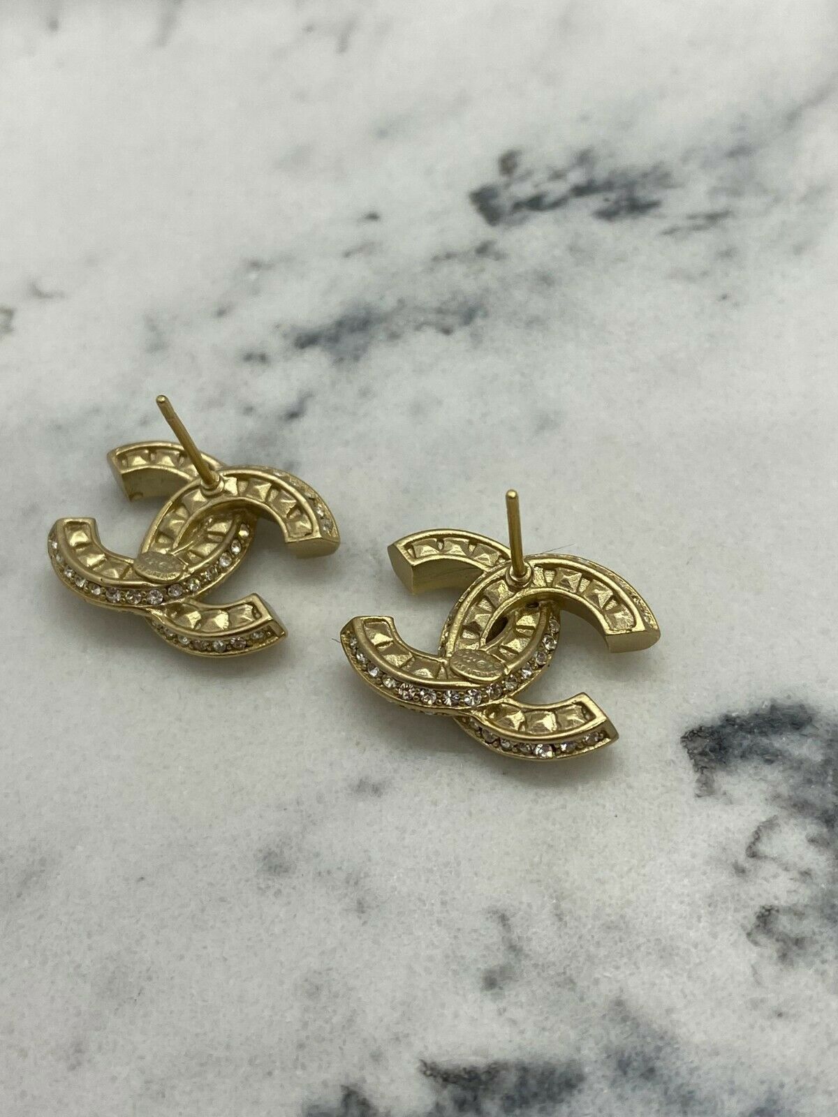 CHANEL CC Gold Tone Rhinestone Small Earrings - USED