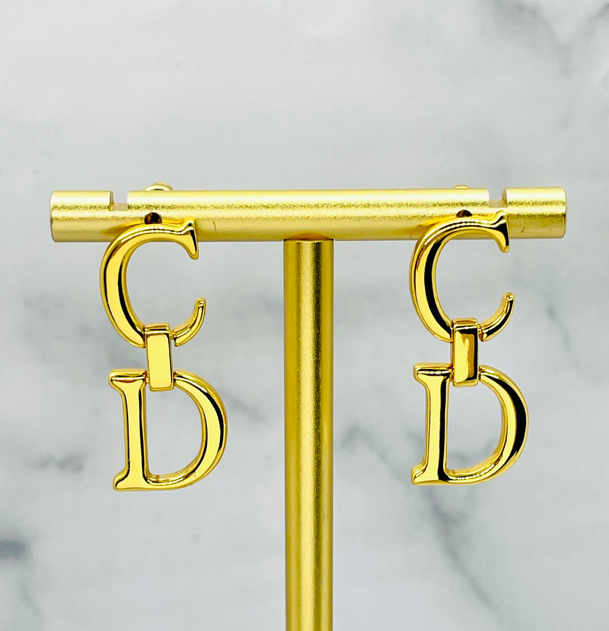 CHRISTIAN DIOR CD Gold Tone Pendant Earrings - Pre owned