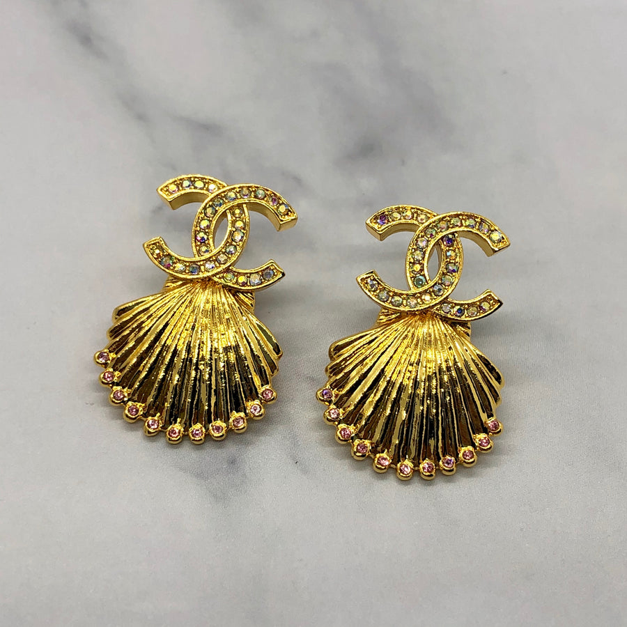 CHANEL CC Gold Tone Rhinestone Shell Earrings - Pre owned
