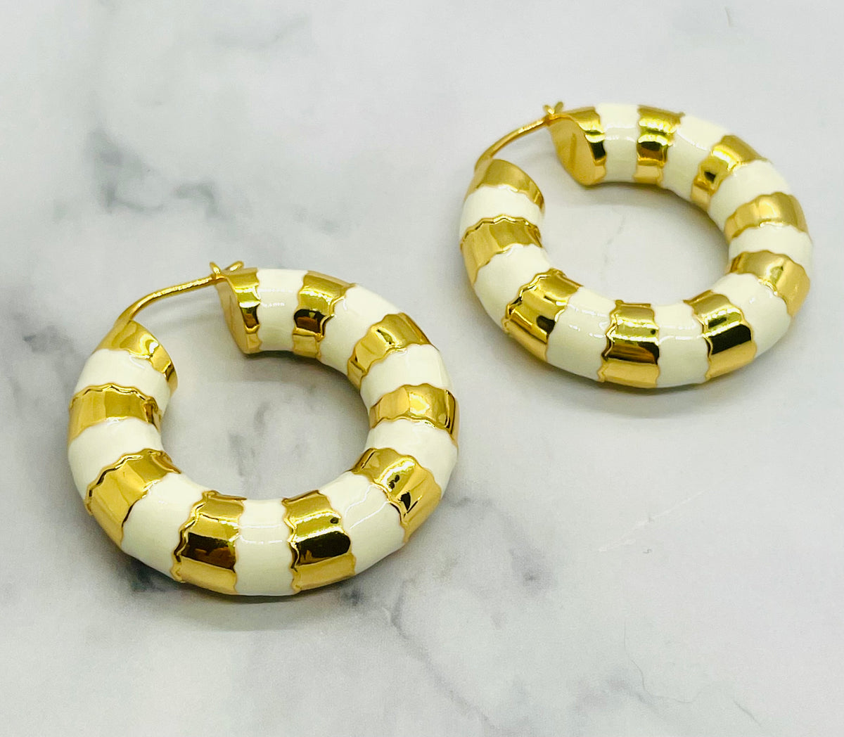 CELINE Paris Enamel White & Gold Hoop Earrings - Pre owned