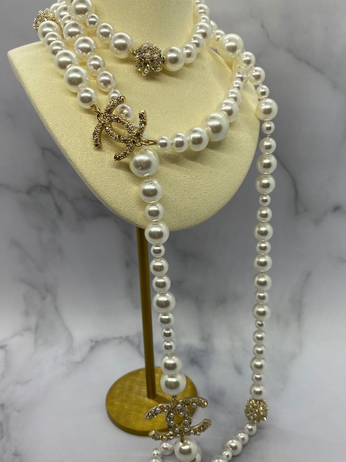 CHANEL CC Pearl Long Layer Statement Necklace - USED