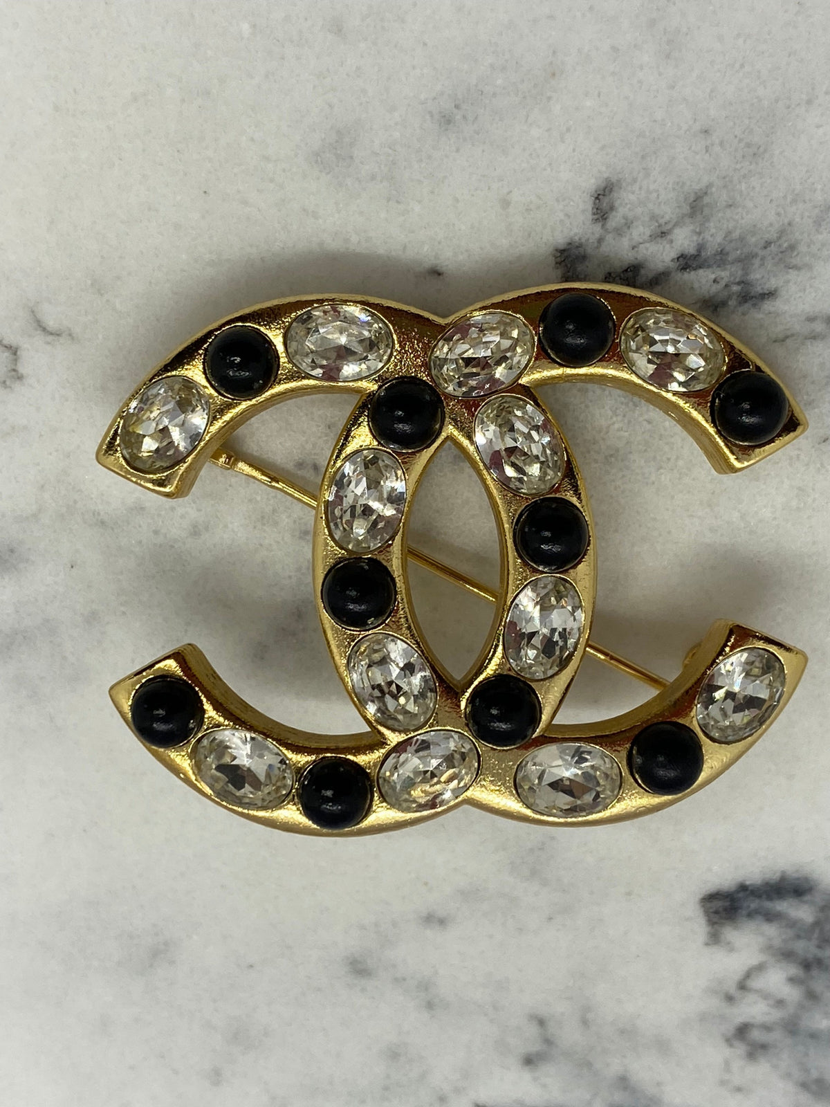 CHANEL CC Gold Tone Rhinestone Brooch Pin - USED