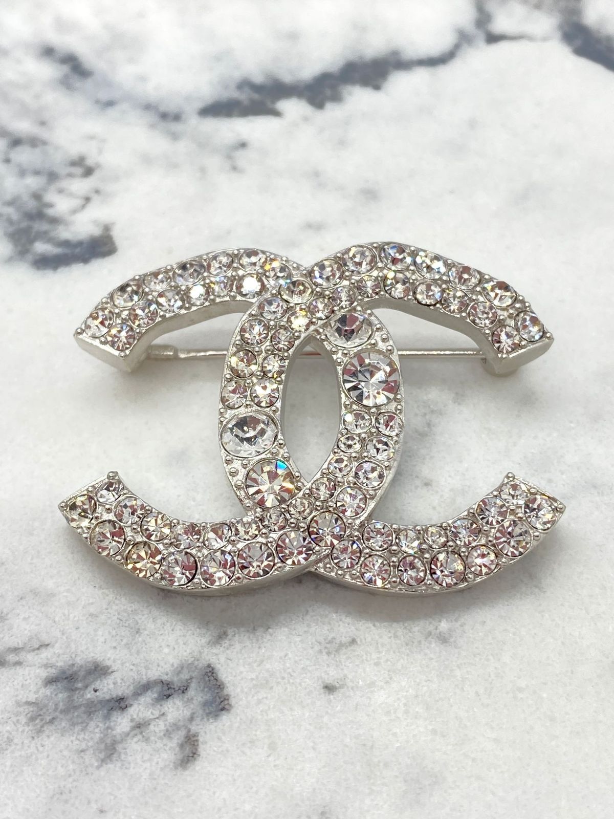 CHANEL CC Silver Tone Rhinestone Brooch Pin - Pre owned