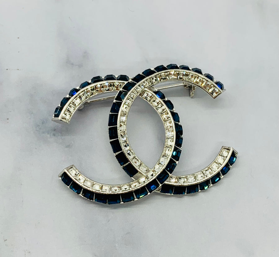 CHANEL CC Blue Rhinestone Brooch Pin - USED