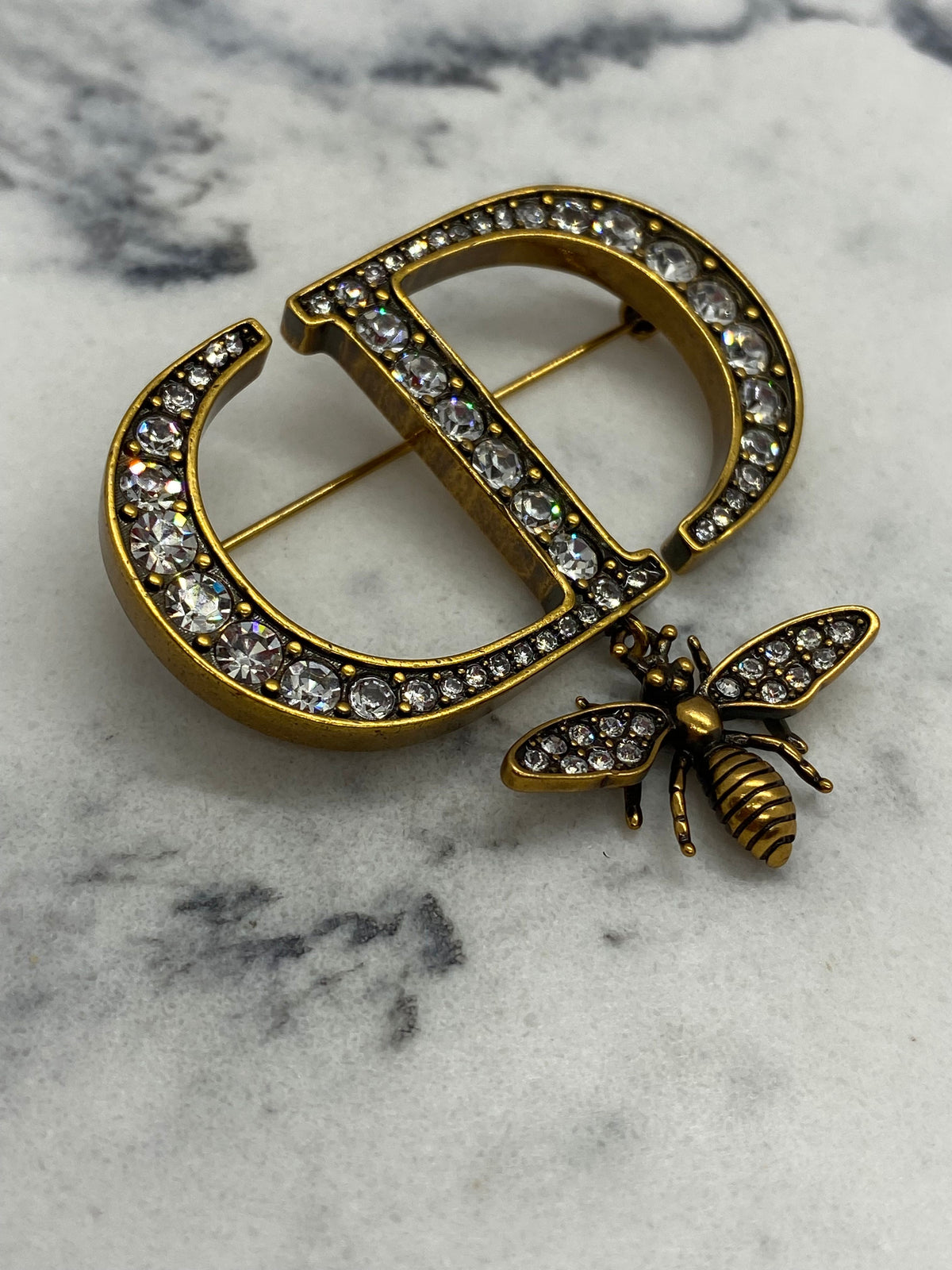 CHRISTIAN DIOR CD Brass Rhinestone Brooch Pin - Pre owned