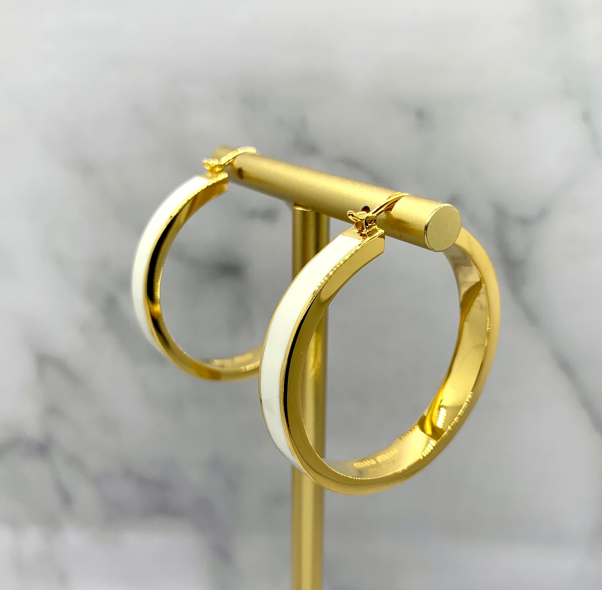 MIU MIU White Striped Gold Tone Hoop Earrings - Pre owned