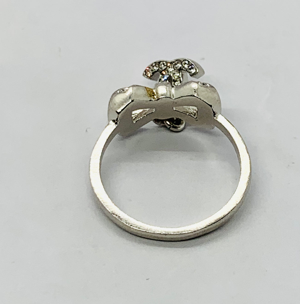 CHANEL CC Rhinestone Bow Ring Size 7 - USED