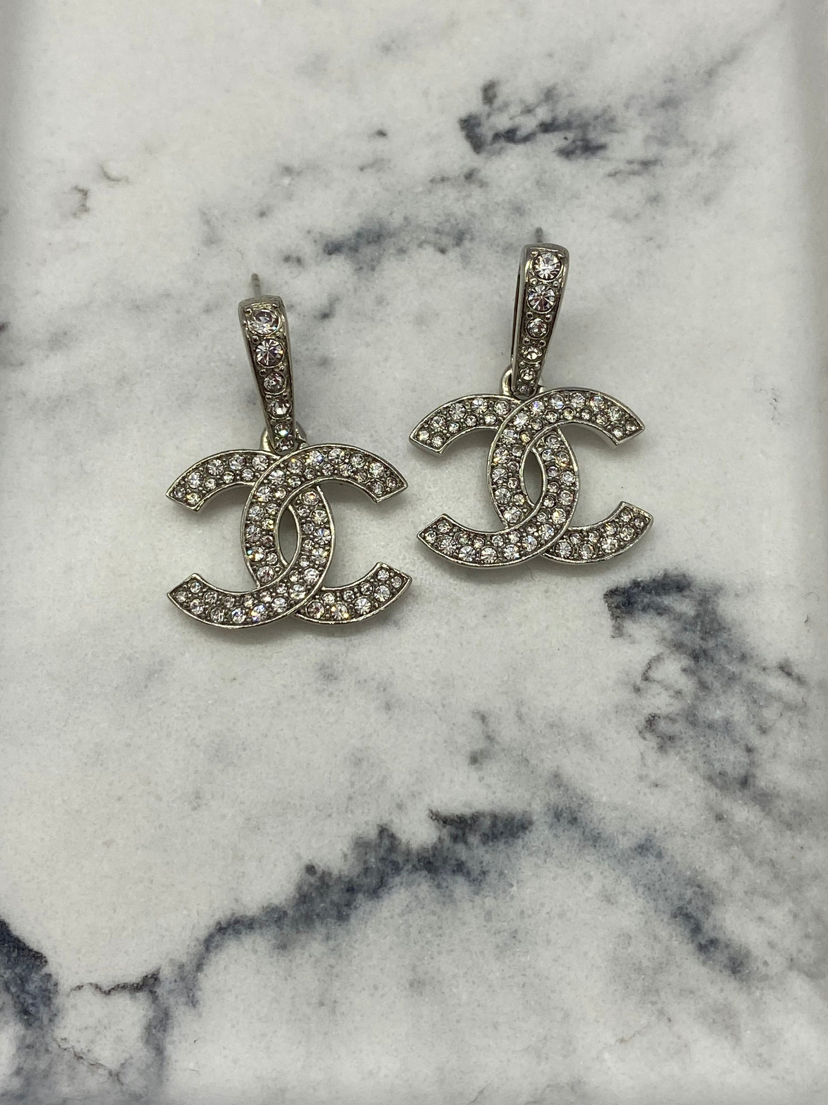 CHANEL CC Silver Tone Rhinestone Earrings - USED