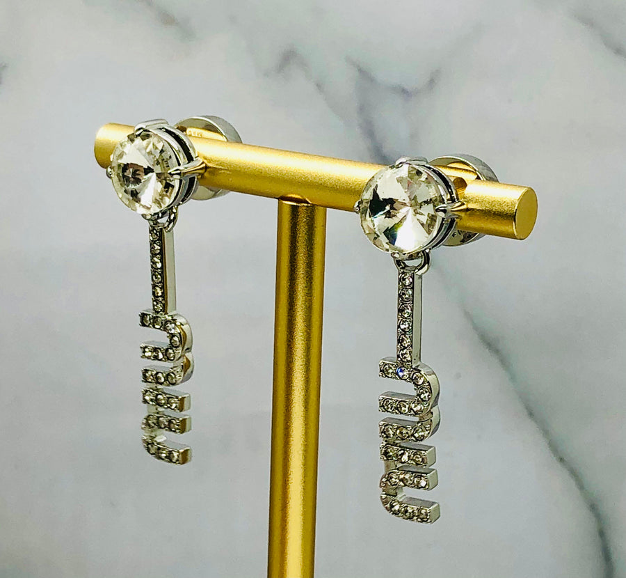 MIU MIU Rhinestone Pendant Monogram Earrings - Pre owned